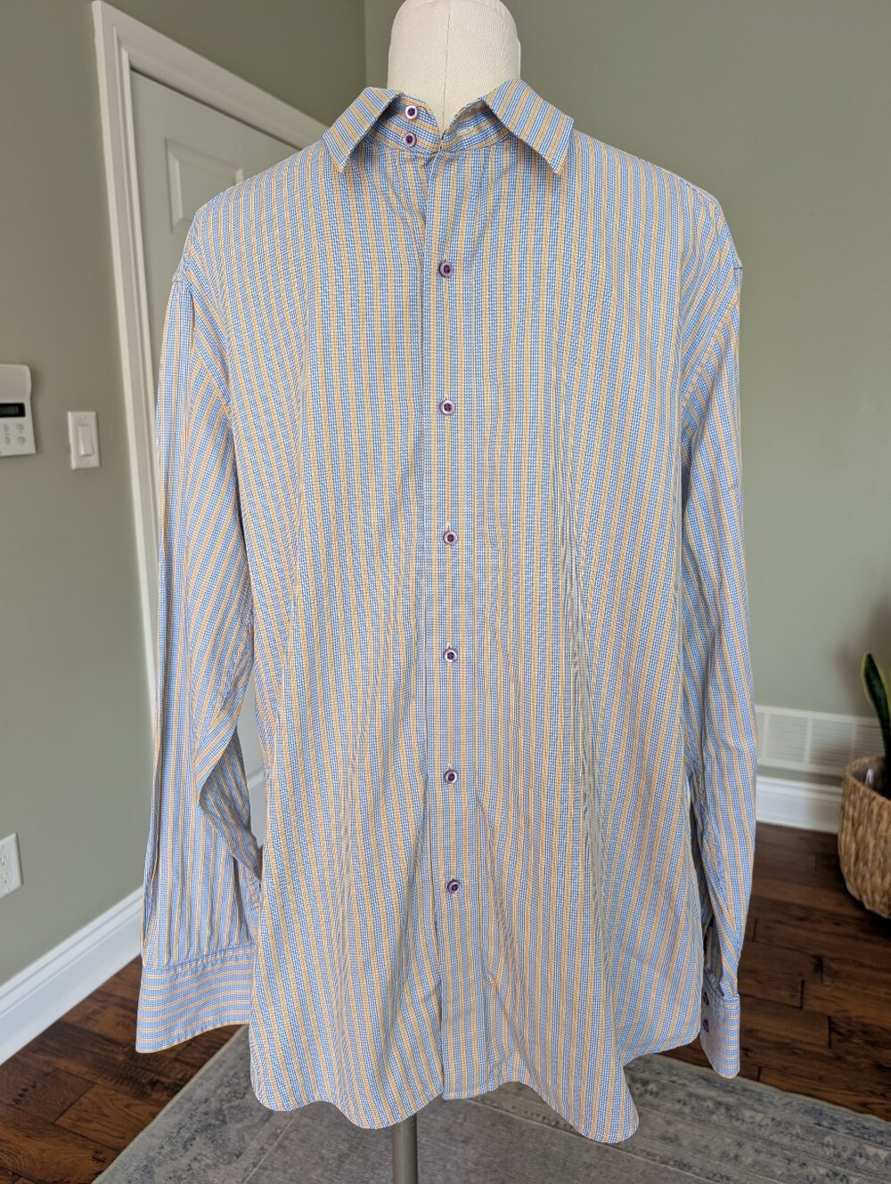 Robert Graham Men's Button Down Shirt Blue Yellow Stripe Flip Cuff Cotton Large